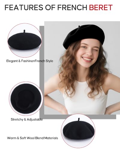 French Beret Hats for Women - Wool Solid Color Beanie Cap - color: Black