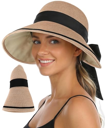 Ababalaya Women’s Sun Hats Roll Up UV Straw Beach Hat with Chic Bowknot - color: Marled Khaki