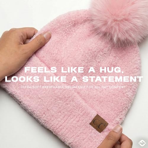 Funky Junque Beanie for Women Ultra Soft Chenille Faux Fur Pom Pom Winter Hats Warm Ski Cap Fashion - color: Terry Chenille - Baby Pink