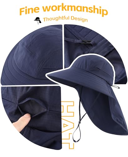 Home Prefer UPF 80+ Sun Hat for Men Women Wide Brim Sun Hat with Neck Flap Summer Beach UV Protection Gardening Fishing Hat - color: Navy Blue