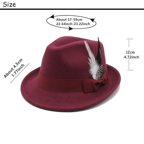 LIDHAY Classic Fedora Hats for Men & Women Vintage Style Short Brim Felt Hat Panama Fedora Hats with Bands - color: Wine Red