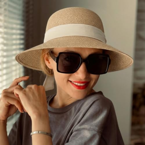 Womens Straw Beach Sun Hat, UV Protection UPF 50+, Lightweight Straw Bucket Hat, Summer Travel - color: Mix Beige-ribbon, size: Medium