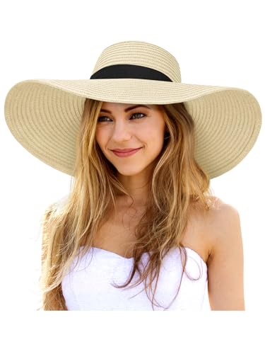 Floppy Sun Hats for Women, Summer Wide Brim Straw Beach Hat - color: Beige, size: X-Large