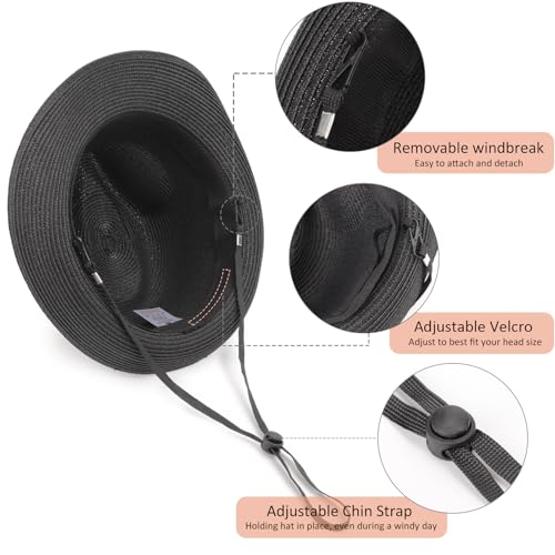 AQOKKA Summer Straw Fedora Hat for Women Men Travel Panama Hat with Wide Brim Roll Up Sun Hat for Beach Outdoor UPF 50+ - color: A Black