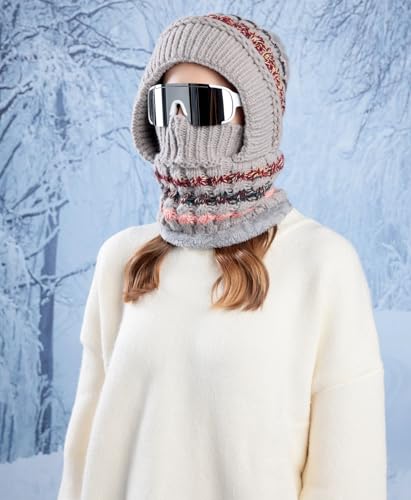 HUAMULAN Women Winter Knit Beanie Hats One Piece Fleece Lined Balaclavas - color: Gray + Colorful Stripe