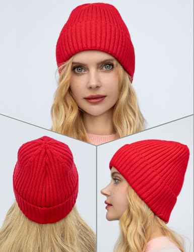 Satin Lined Wool Acrylic Blend Beanie Hat Women Men, Winter Knit Cap - color: Red