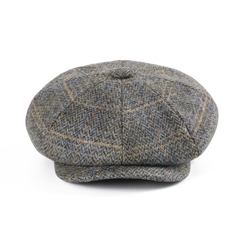 FEINION Men 8 Panel Herringbone Wool Newsboy Cap - color: Plaid Khaki, size: 7 1/8