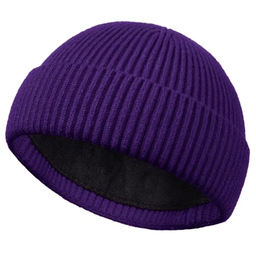 Short Fisherman Beanie for Men Women Wool Fleece Lined Winter Hat - color: 1pcs-dark Purple