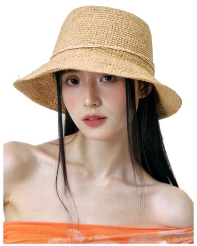 Women Straw Bucket Hat Natural Raffia Woven Sun Hat Foldable Wide Brim Summer Beach Travel Cap for Ladies - color: Brim 3.1"