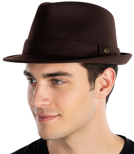 Funky Junque Fedora Hats for Men – Classic Wool Blend Trilby Dress Hat, Short Brim Men’s Fedoras for Formal & Casual Wear - color: Brown, size: 7 1/4-7 5/8