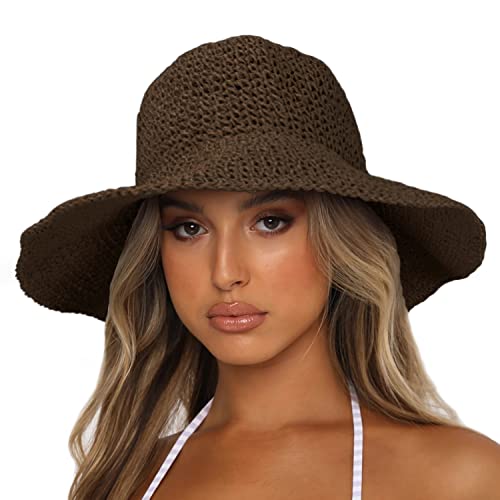 Womens Sun Hats Wide Brim Summer Beach Hat for Women Foldable Travel Straw Hat UPF50+ - color: A-brown