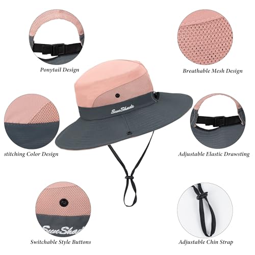 Women's Outdoor-UV-Protection-Foldable-Sun-Hats-Wide-Brim Hat Ponytail-Hole - color: Pink