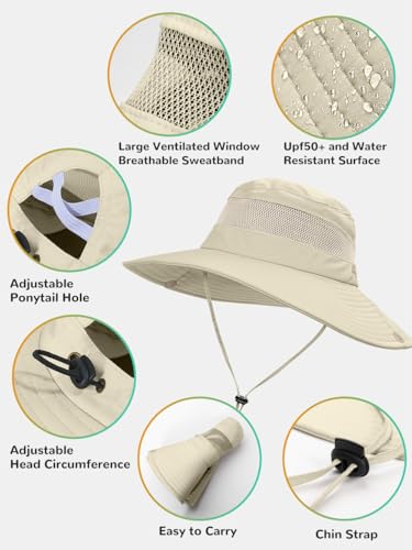 EW East Water Sun Beach Hat for Women, UPF50+ Waterproof with Ponytail Hole - color: Beige