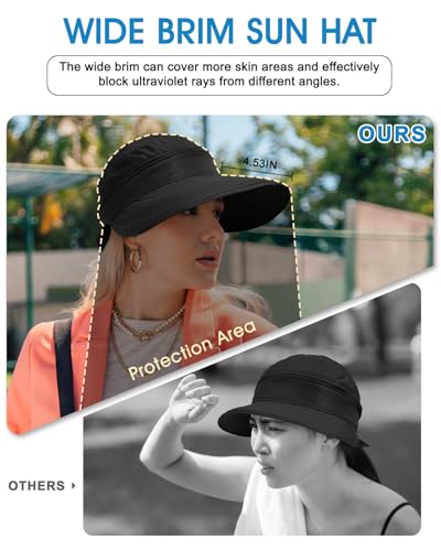 Century Star Sun Hat for Women Wide Brim Zip-Off Beach Hat Visor Ponytail UV Protection Summer Visors - color: Black