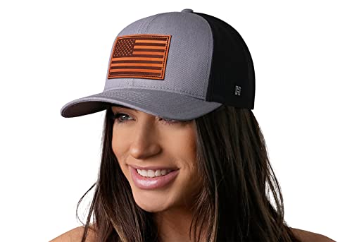 HAKA American Flag Hat | USA Mesh Trucker Snapback Comfort Baseball Cap - color: Gray & Black, style: American Flag (Leather)