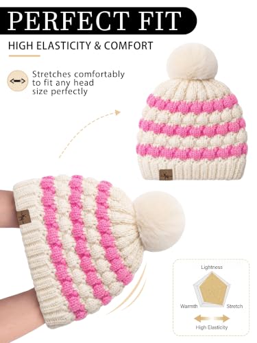 Winter Hats for Women Cable Knit Chunky Skull Cap Fleece Lined Thick Fold Cuff Beanie hat - color: Pink & Cream Beanie, style: Pineapple