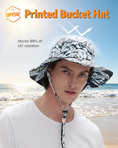 Printed Bucket Hat UPF 50+ Sun Hat, Women Men Roll-Up Brim Boonie Hat - color: Navy