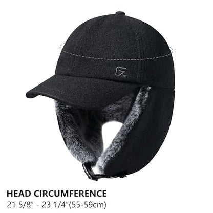 GADIEMKENSD Unisex Winter Wool Baseball Cap with Faux Fur Lined Ear Flaps, Trapper Hat with Reflective Line - color: Black