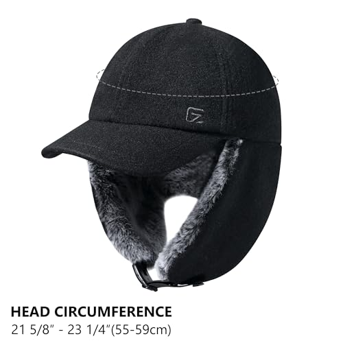 GADIEMKENSD Unisex Winter Wool Baseball Cap with Faux Fur Lined Ear Flaps, Trapper Hat with Reflective Line - color: Black