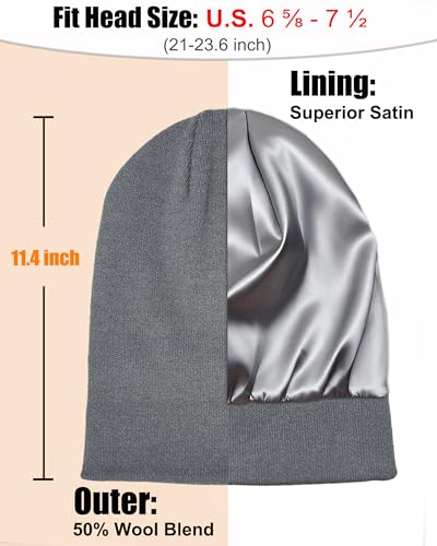 ROYBENS Satin Lined Beanie Hat for Women Men, Wool Knit Cuffed Winter Hats - color: 1pcs Light Gray