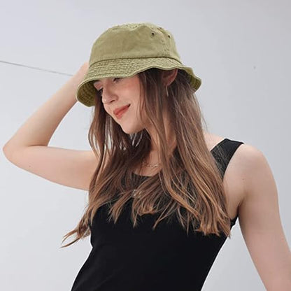 Washed Cotton Bucket Hats Packable Summer Beach Cap for Men Women - color: Ce-bh-black-white-khaki