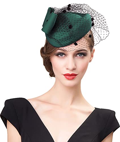 Z&X British Vintage Wool Felt Pillbox Hat Ladies Church Derby Winter Fascinator Hat Veil Flower Fedoras - color: 012 Green