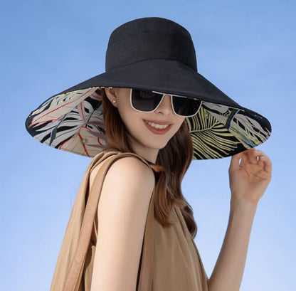 HUAMULAN Wide Brim Women Summer Sun Floppy Hat Reversible Beach Bucket Hat - color: Bg8240-black