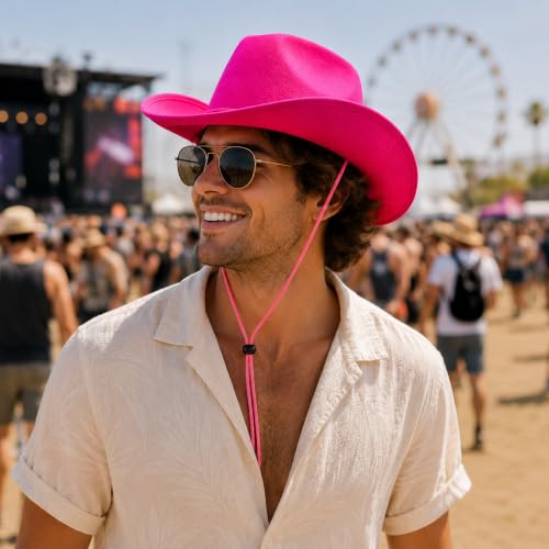 COLLECT PRESENT Plain Felt Cowboy & Cowgirl Hat for Men and Women | Western Studded Cowboy Hat in Adult Sizes - color: Fuchsia Pink