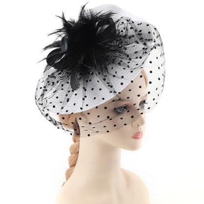 DRESHOW Fascinators Hat Flower Mesh Feathers Hat with a Headband and a Clip 7.9" Tea Party Headwear for Women - color: Folded Style 1: Black & White / 7.9"