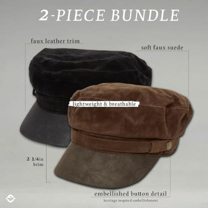 Funky Junque Greek Fisherman Newsboy Cap, Cotton Captains Bakerboy Hat - color: 2 Pack - Faux Suede - Black & Mocha