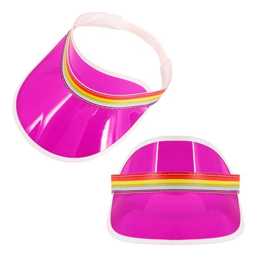 Giovacker Womens Mens PVC Clear Colorful Sun Visor Hats - color: Rainbow Print - Rose Red + Red