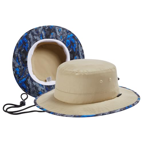 UPF 50+ Foldable Sun Hat Patterned Under Brim Bucket Hats for Summer Hiking Fishing Beach Safari Men Women - color: Khaki & Dark Grey, size: Large