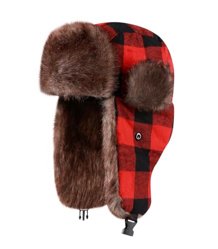 ASWER Trapper Warm Russian Trooper Hat Winter Skiing Cap Women Men Windproof - color: Red(lattice)