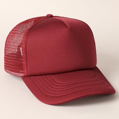 MIRMARU 5 Panels Blank Foam Front Two Tone Solid Trucker Mesh Back Baseball Cap with Adjustable Snapback Strap - color: Solid-burgundy