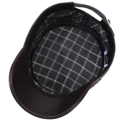 Men's Leather Military Style Hat Cadet Army Caps Flat Top Cap - color: Brown