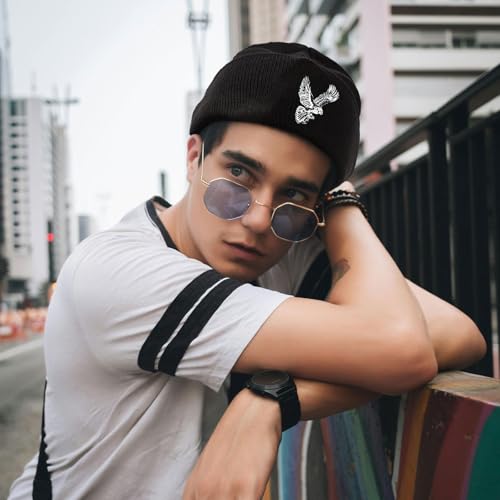 Black Beanie Hat for Men Women Embroidered Knit Winter Beanies Cap - color: Bird