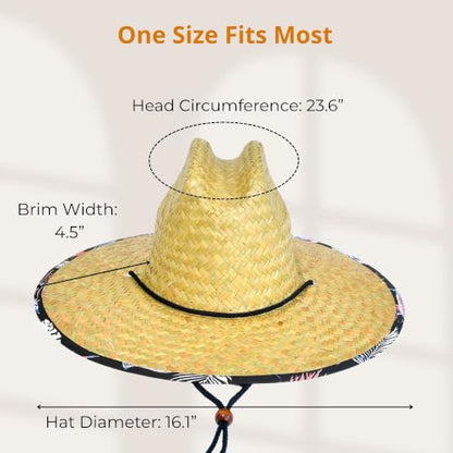 6 Pack Straw Hats – Bulk Wide Brim Lifeguard Sun Hats for Men & Women with Adjustable Chin Strap - color: Natural Straw With Black Fish Pattern Lining
