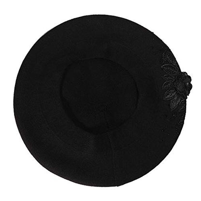 ZLYC Women French Beret Hat Reversible Solid Color Mosaic Warm Artist Cap - color: Flower Black