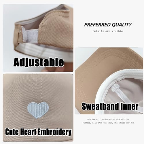 Sun Visor for Women High Ponytail Sun Hats Sports Running Heart Embroidered Veelcro Golf Beach Cap - color: Khaki