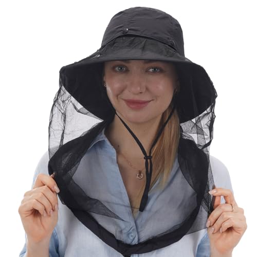 USHAKE Head Net Hat, Safari Hat Sun Hat Bucket Hat with Hidden Net Mesh - color: Black