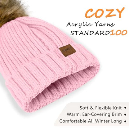 ZOORON Womens Winter Knitted Beanie Hat with Faux Fur Pom Beanie Warm Knit Skull Cap Beanie for Women - color: 1pink