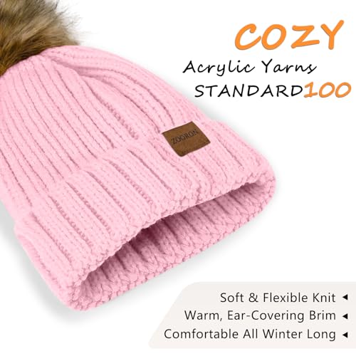 ZOORON Womens Winter Knitted Beanie Hat with Faux Fur Pom Beanie Warm Knit Skull Cap Beanie for Women - color: 1pink