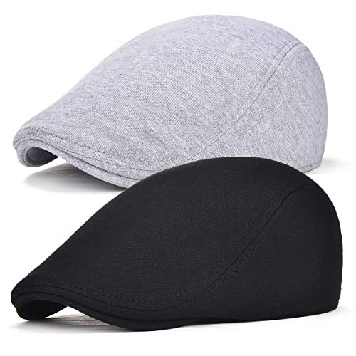 FEINION Men Cotton Newsboy Cap Soft Fit Cabbie Hat - color: Black/Light Grey