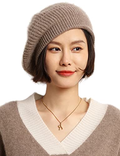 Cashmere Berets Hats Women Winter Warm Merino Wool Knitted Oversized Beige Beanie - color: Camel
