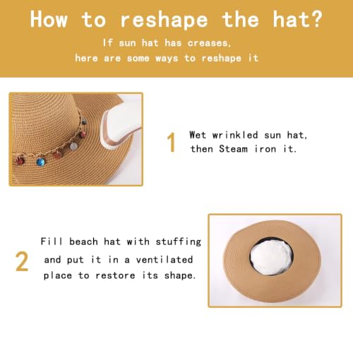 Women's Straw Sun Hat UPF80 UV Protection Foldable Wide Brim Summer Hat Sweatband Adjustable Floppy Beach Hats for Women - color: Khaki- Shell