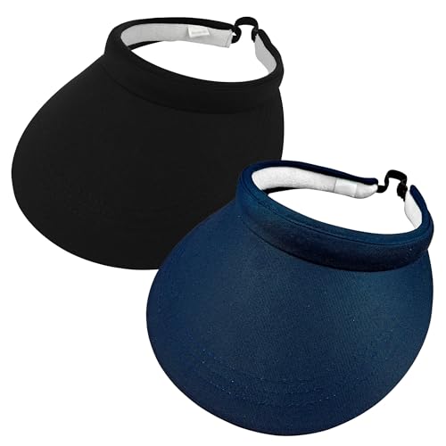 2 Pack Sun Visors Women Wide Brim Clip on Summer Hats Adjustable UV Protection - color: Black,navy Blue