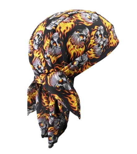 Sweat Wicking Do Rags Skull Caps, Cooling Hip Hop Hat, Beanie Durag Motorcycle Head Wrap Doo Rag Liner for Men Women - color: Fire Skull