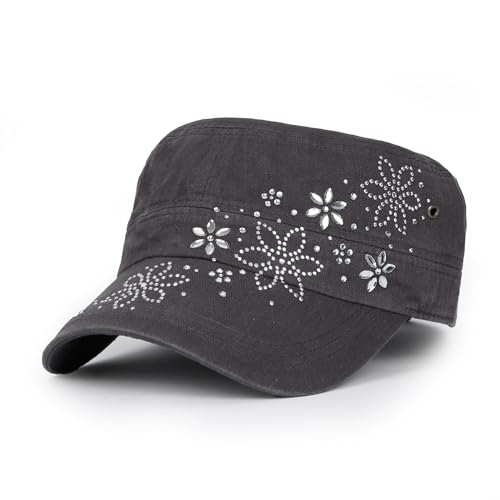 ililily Rhinestone Cotton Cadet Cap Vintage Distressed Cotton Military Army Hat - color: Dark Gray / Crystal