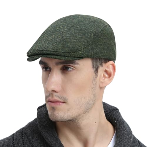 FEINION Men Wool Blend Flat Cap Tweed Newsboy Ivy Hat - color: Herringbone Green