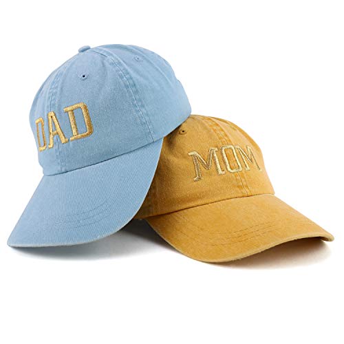 Trendy Apparel Shop Capital Gold Thread Mom and Dad Pigment Dyed 2 Pc Cap Set - color: Mango Light Blue